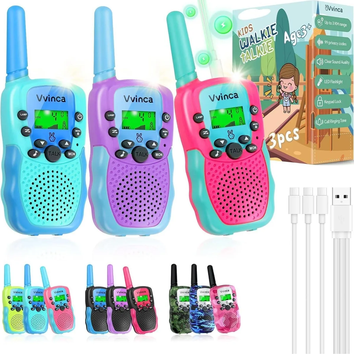 Three compact two-way radios in bright colours with built-in antennas and lanyards