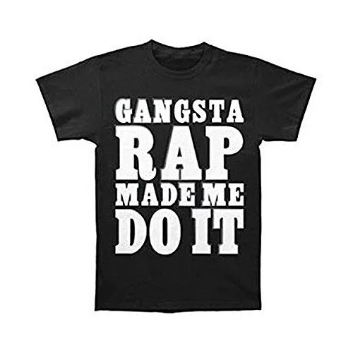 Black crew-neck T-shirt, short sleeves, silver and white front print reading "Gangsta Rap Made Me Do It" with Ice Cube logo