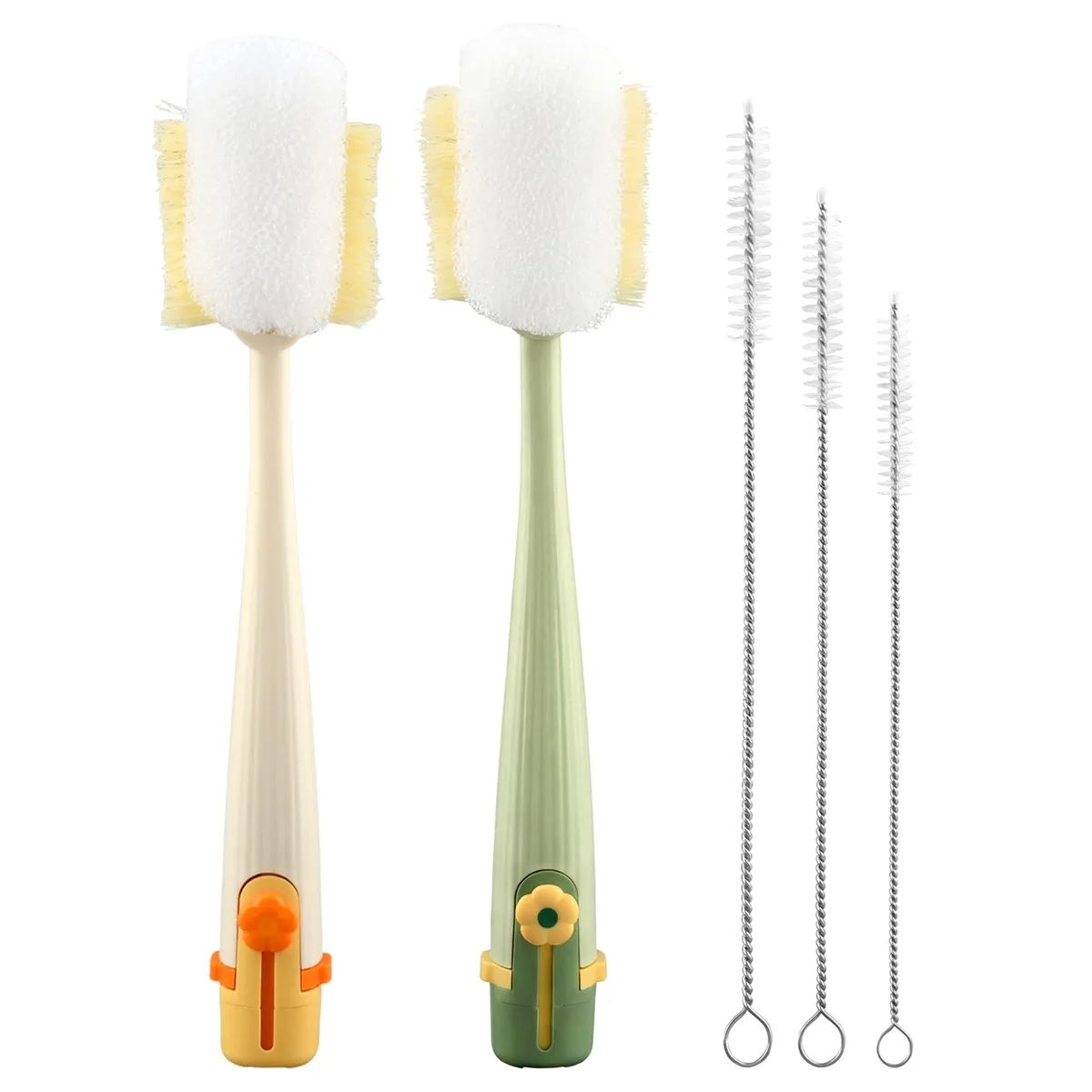 Set of five brushes with long handles and detachable heads in white and grey