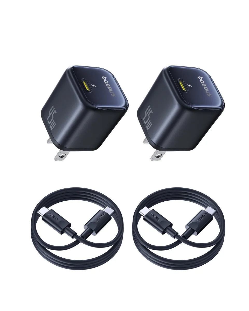 Two black USB-C chargers with matching cables on a light background