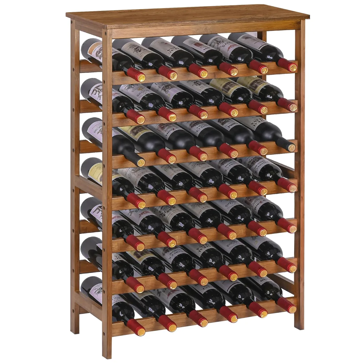 Freestanding 7-tier bamboo wine rack in walnut finish, rectangular frame with wave bars, stainless steel table top, holds 42 bottles