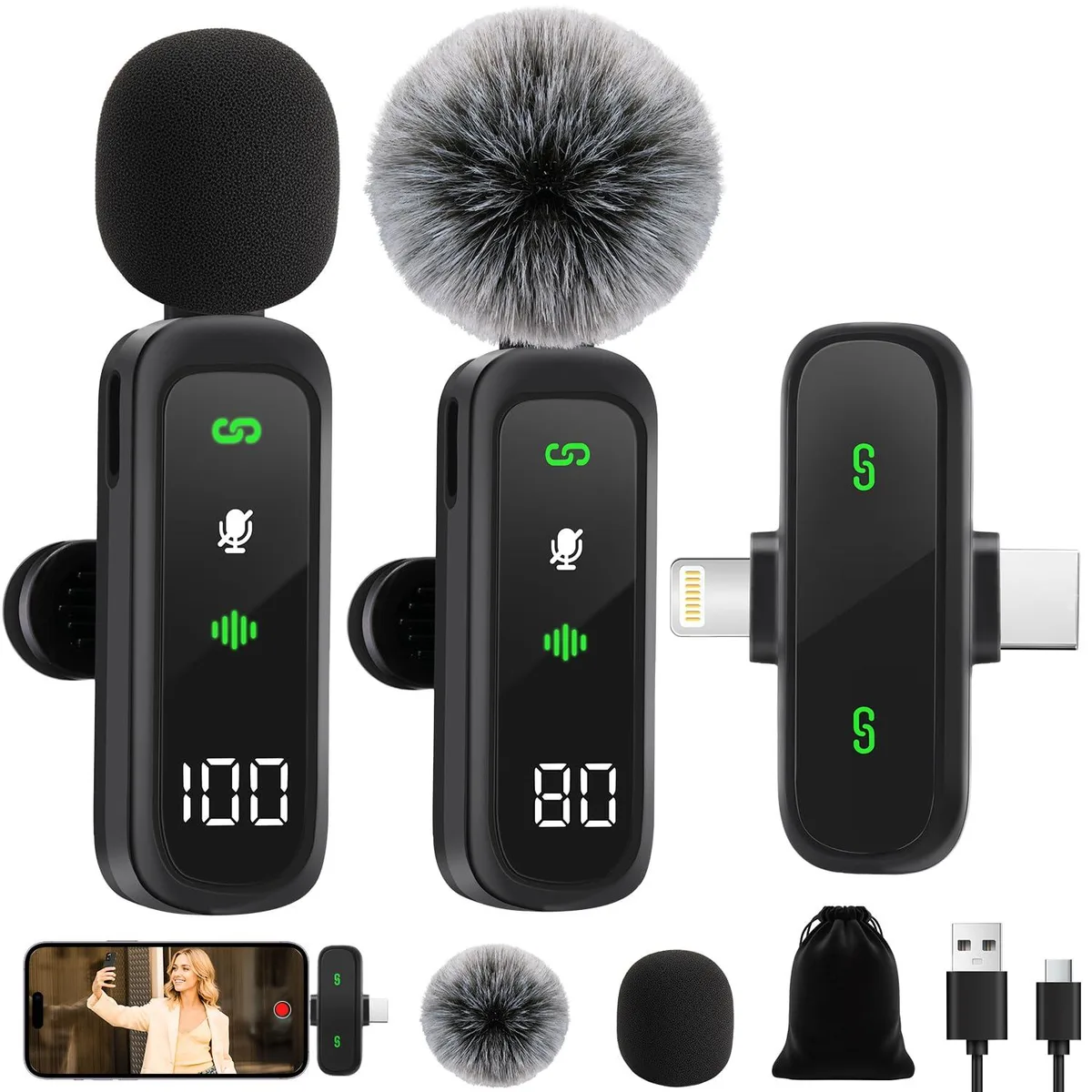 Two black clip-on microphones with a USB-C receiver, Lightning adapter, windshields and pouch