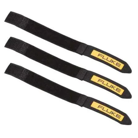 Three black Fluke hook-and-loop cable ties, polyester, 0.63 in wide, 8 in long