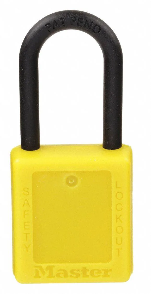 Yellow thermoplastic padlock with plastic shackle keyed alike pack of 12