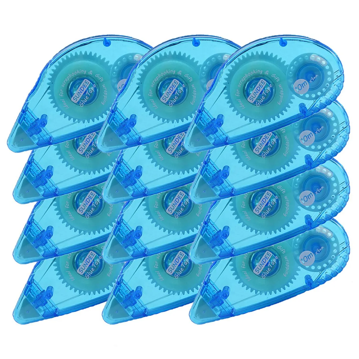 Twelve blue adhesive roller applicators, each .3in x 360in, compact plastic cases