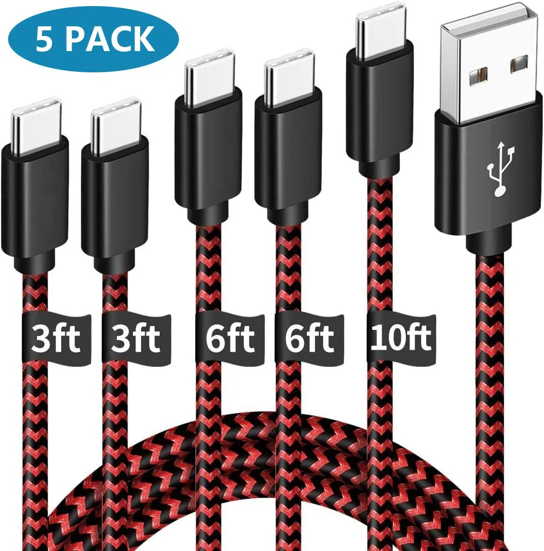 AUTYUE AUTYUE USB A to USB C Cable 5-Pack 3/3/6/6/10 ft Nylon Braided Black &amp; Red — product photo