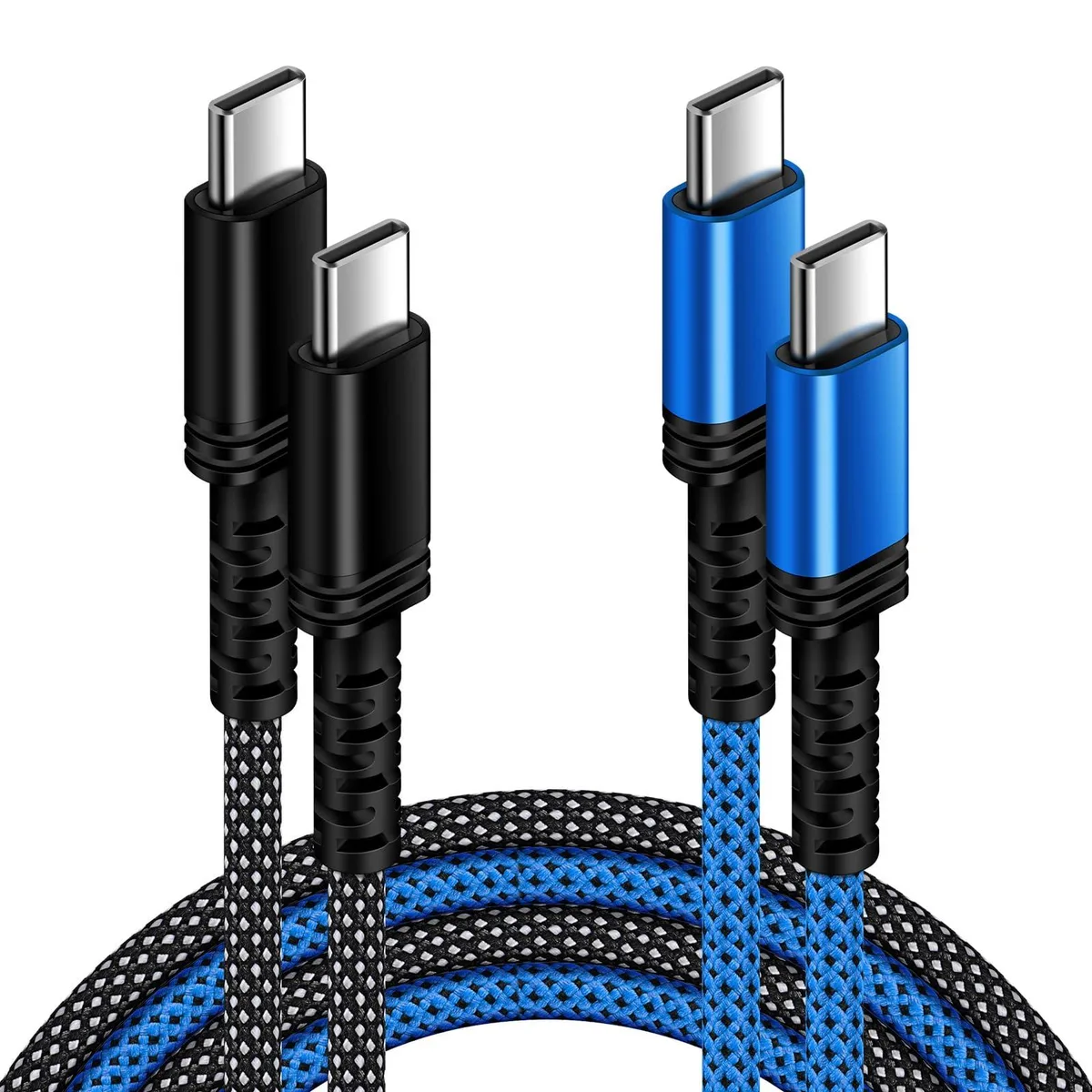 Two braided USB-C to USB-C cables, six feet long, grey nylon finish