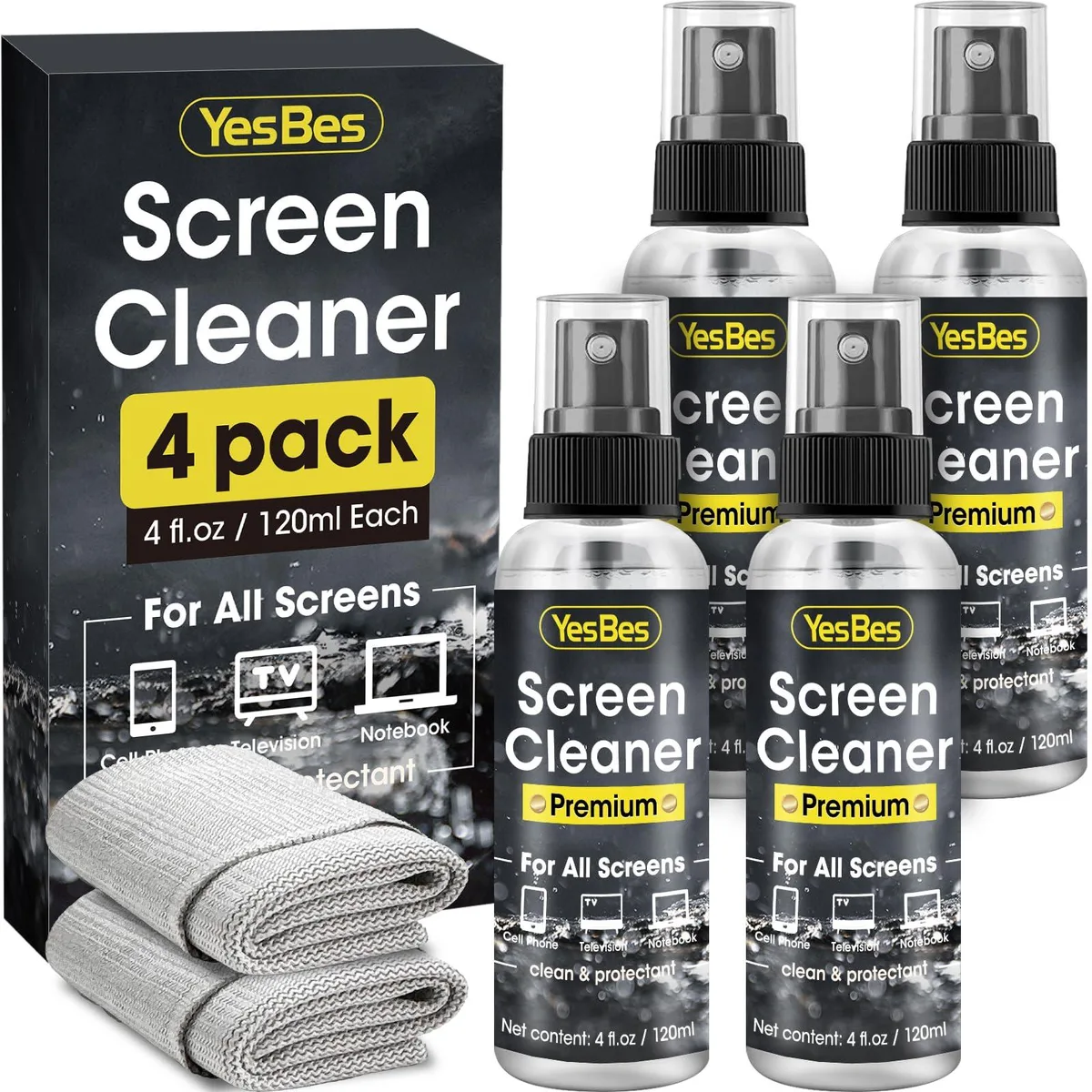 Four small spray bottles and two microfiber cloths