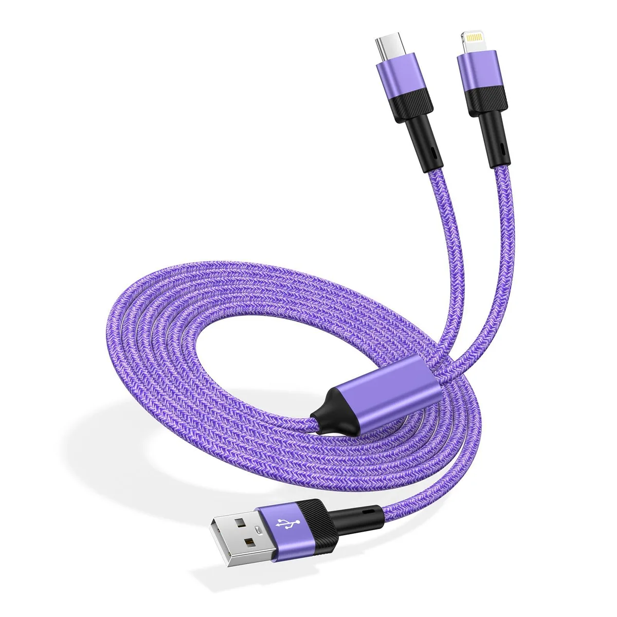 Purple 2-in-1 USB-C and Lightning cable coiled on white background
