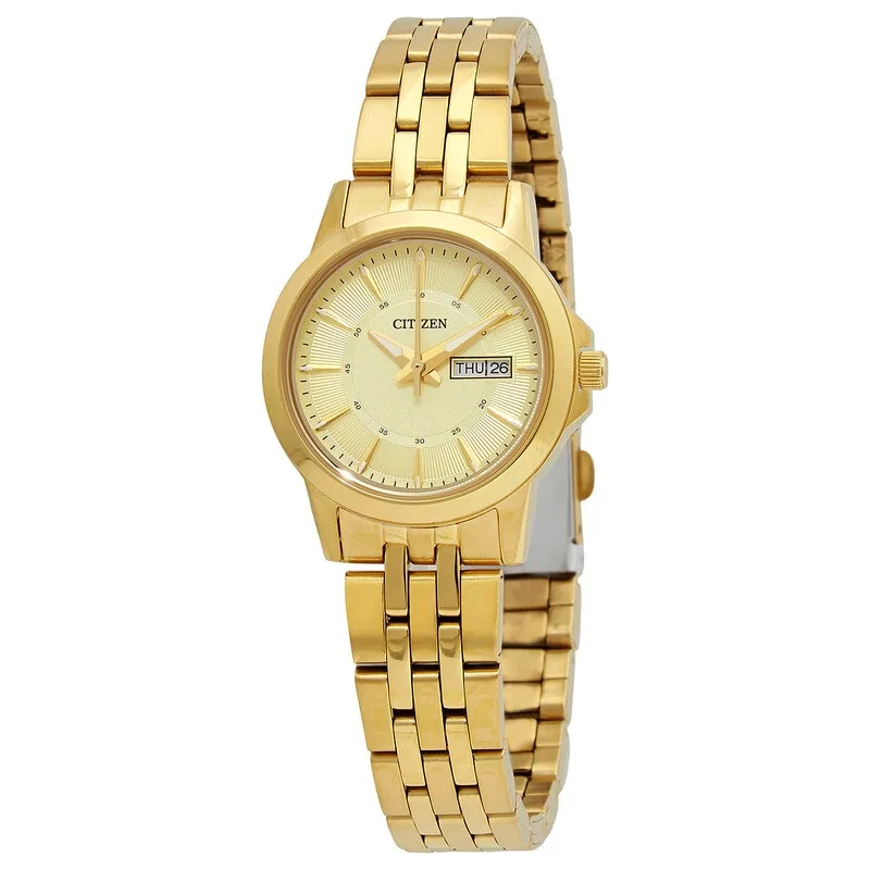 Gold-tone stainless steel ladies watch, 28 mm round case, matching bracelet with fold-over clasp