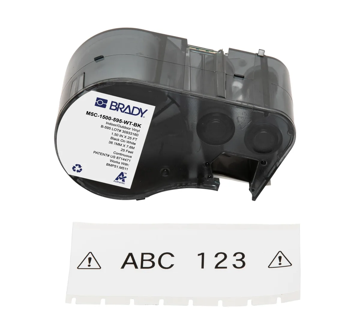 Brady Worldwide Inc Brady Worldwide Inc M5C-1500-595-WT-BK vinyl label 1.5 in x 25 ft black on white — product photo