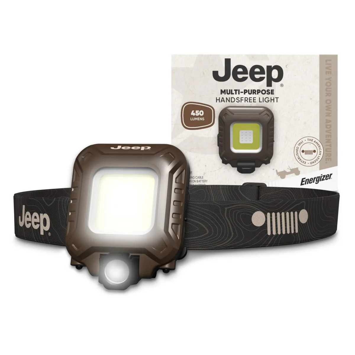 Compact rectangular headlamp with matte black plastic body, integrated head strap, and USB-C port visible