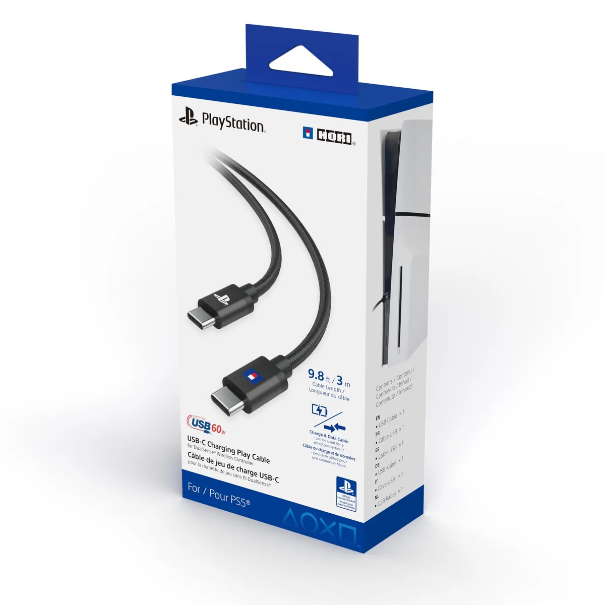 Black nylon-braided USB-C to USB-C cable with metal connectors, 9.8ft long