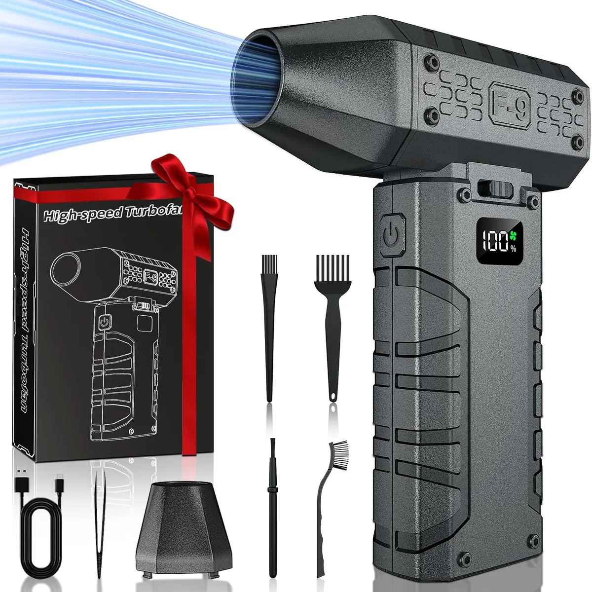 Grey cordless electric duster with LED light and nozzle attachments