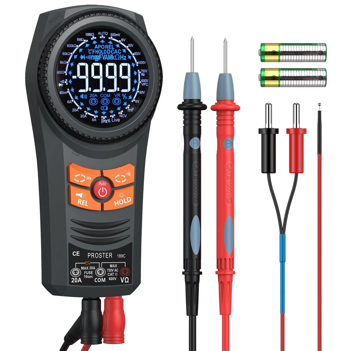 Orange handheld digital multimeter with LCD display rotary dial and test leads