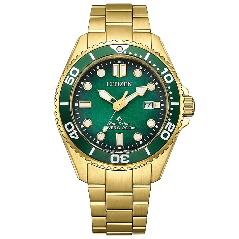 Gold-tone stainless steel 41mm dive watch with green rotating bezel and gradient green dial on matching triple-link bracelet