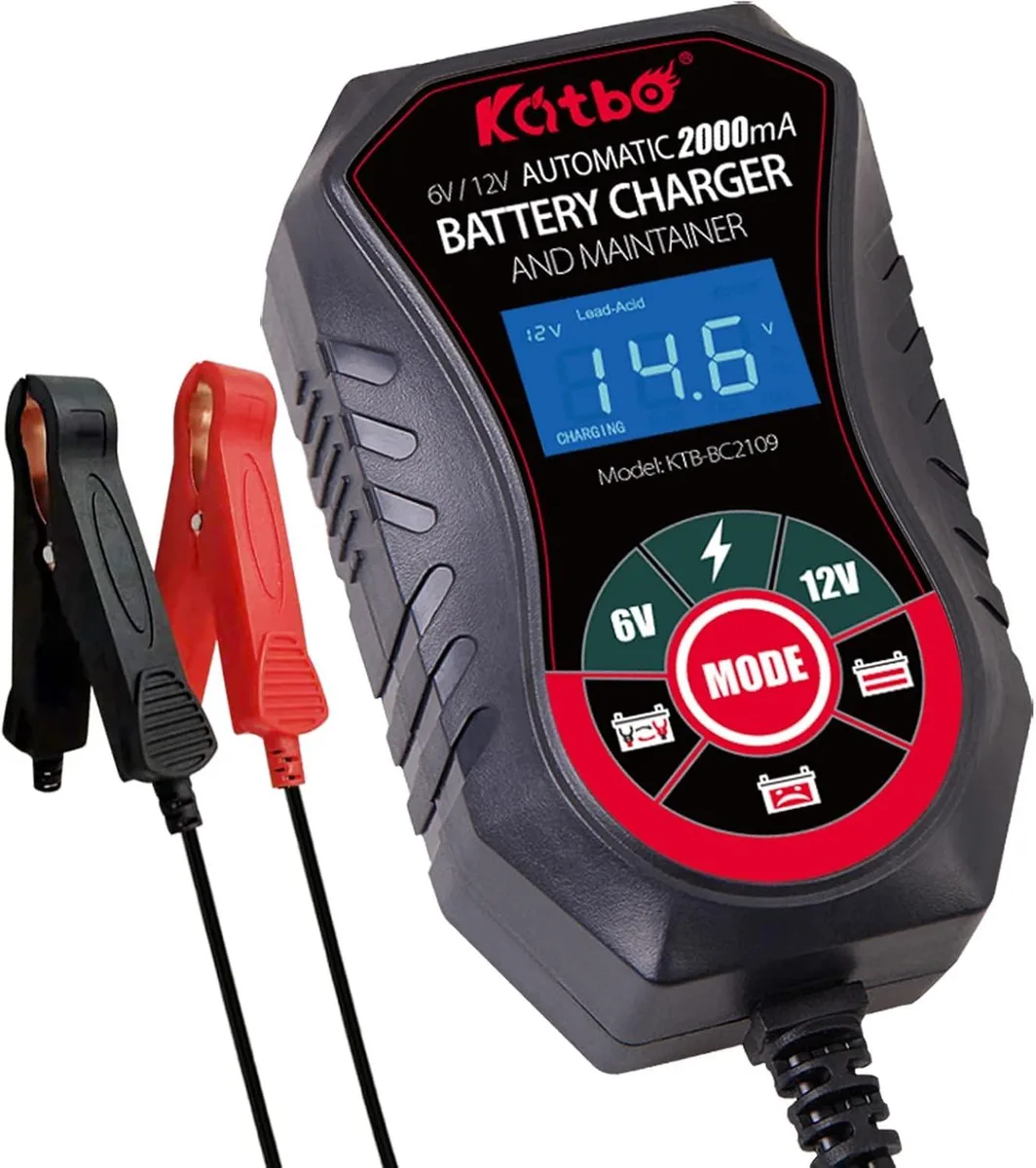 Compact rectangular battery charger with clamps and LED display
