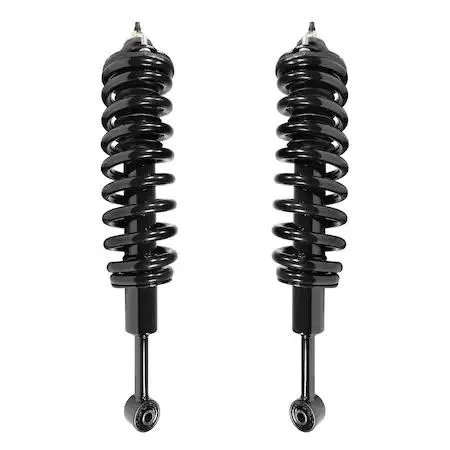 Two silver Unity front strut assemblies with coil springs and top mounts