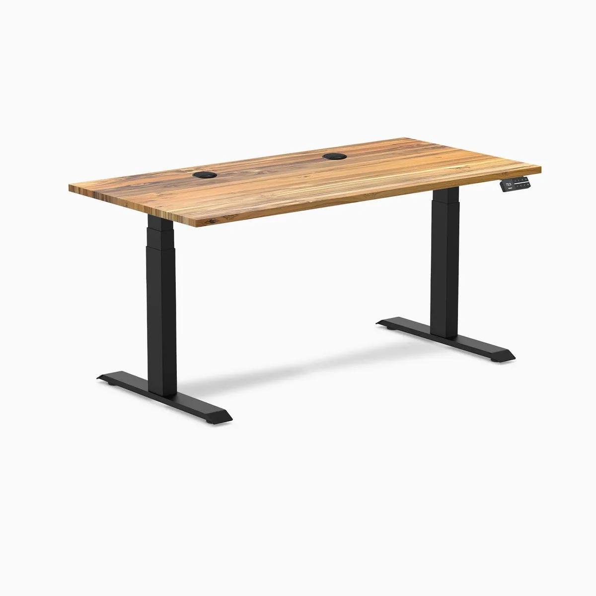 Desky Desky Dual Hardwood Sit Stand Desk Teak 60 x 30 in Matte Black office furniture — product photo
