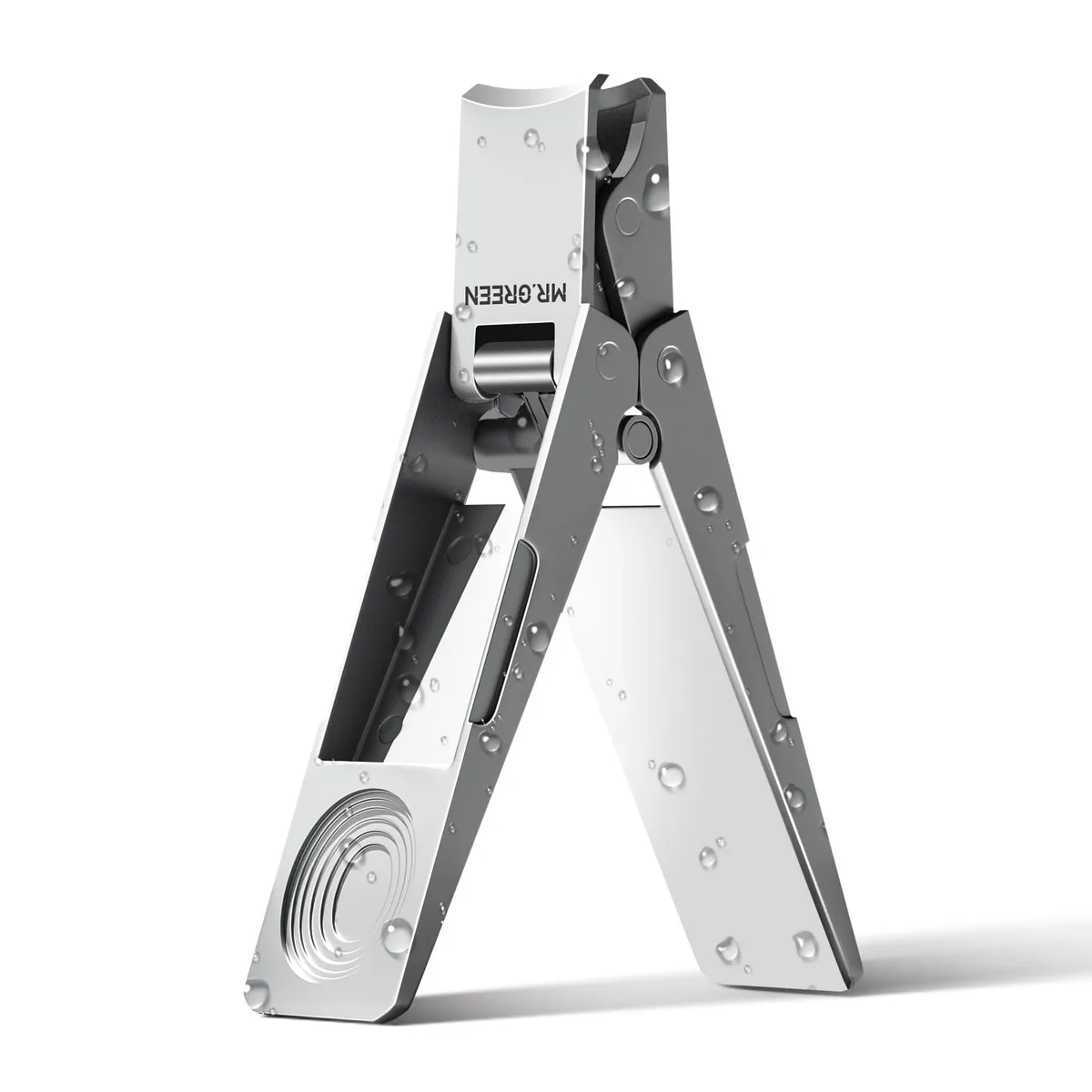 Compact folding nail scissors in silver stainless steel, straight blades, modern design