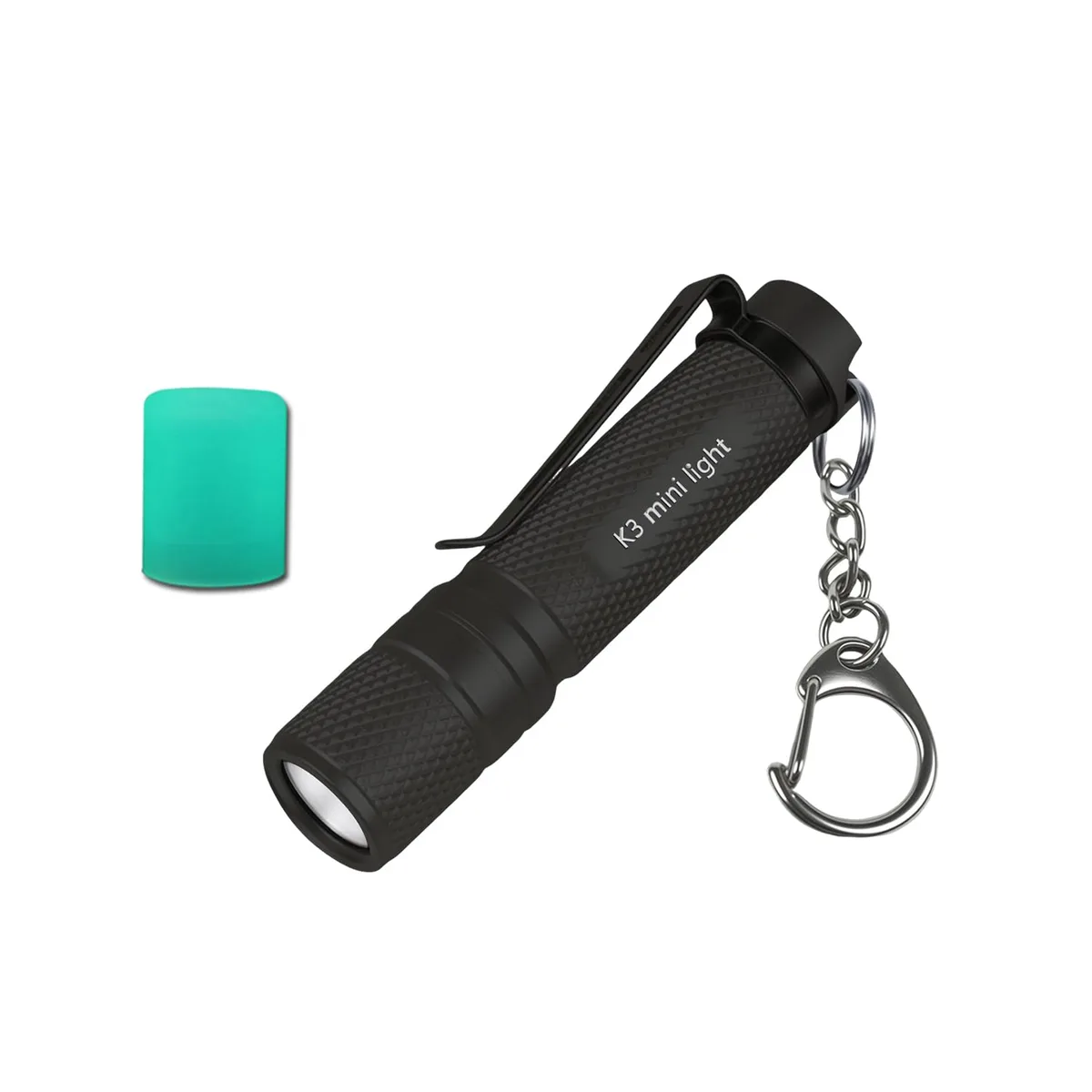 Black aluminium keychain flashlight with diffuser and clip, 2.6 inches long