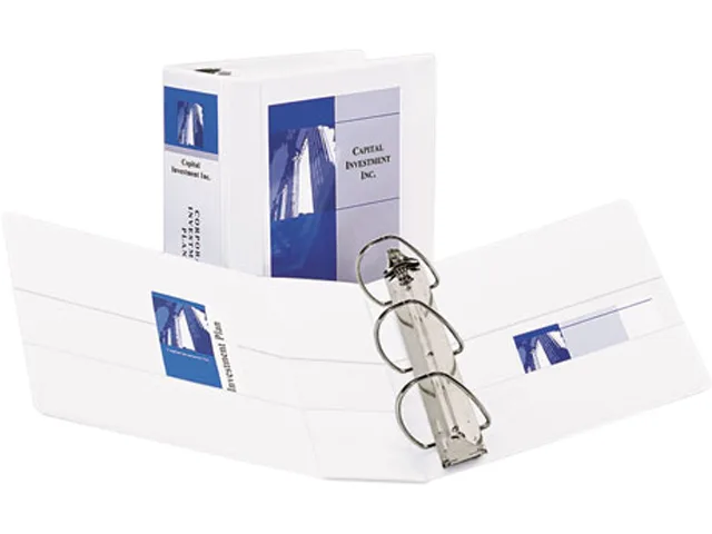 Red and white slant-ring view binder with clear overlay and interior pockets
