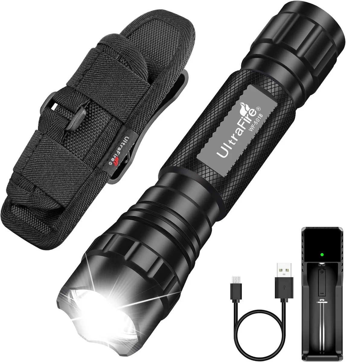 MAONO WF-501B tactical flashlight with belt holster, anodised aluminium body