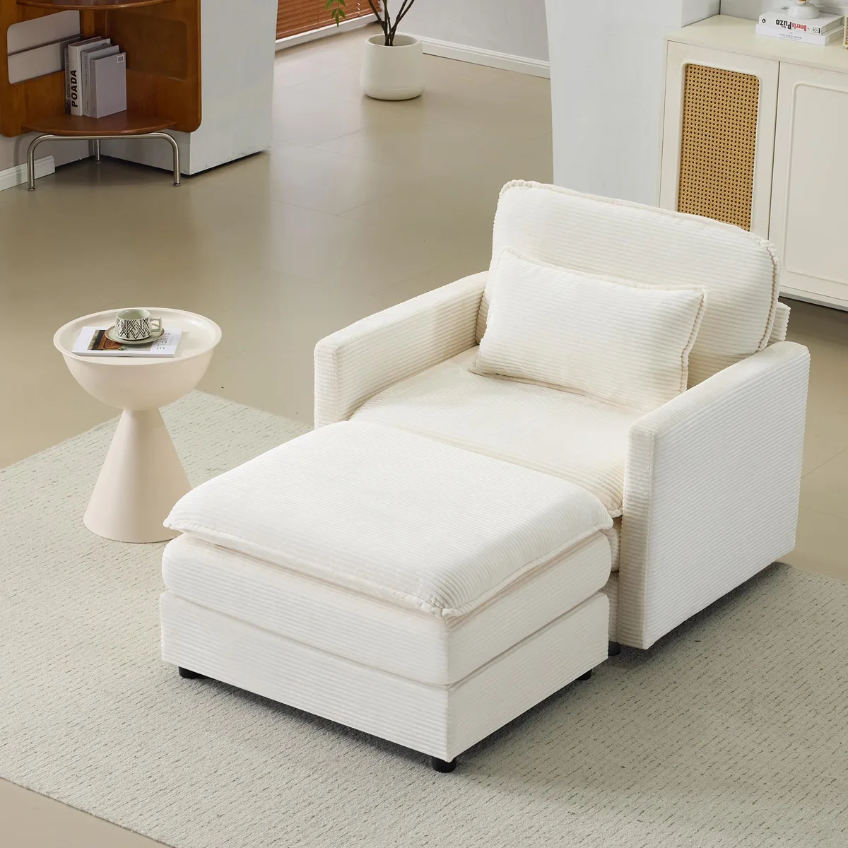 Beige corduroy modular single sofa with matching ottoman and throw pillow