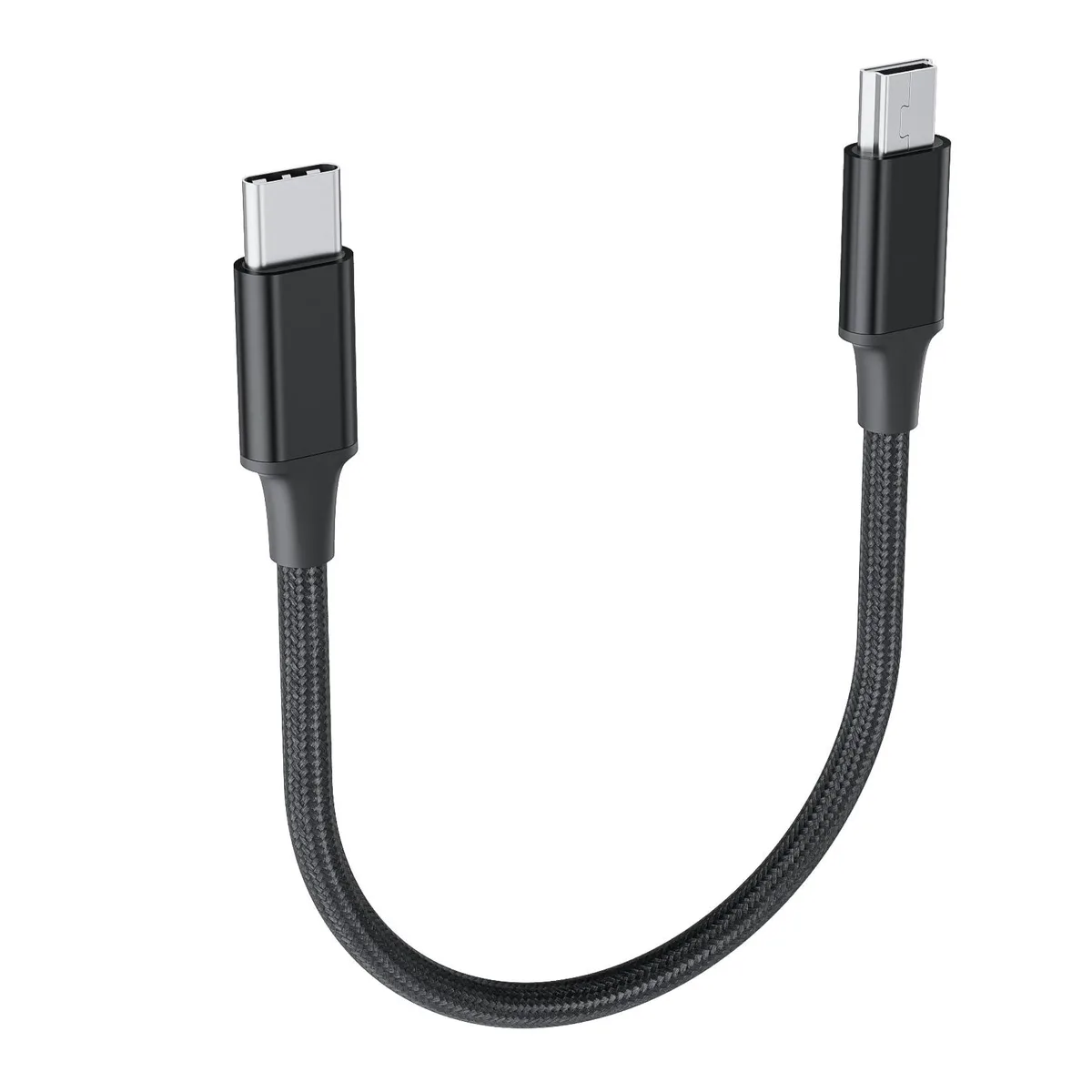 Black braided USB-C to Mini USB 5-pin cable, 1.6 ft, male-to-male connectors