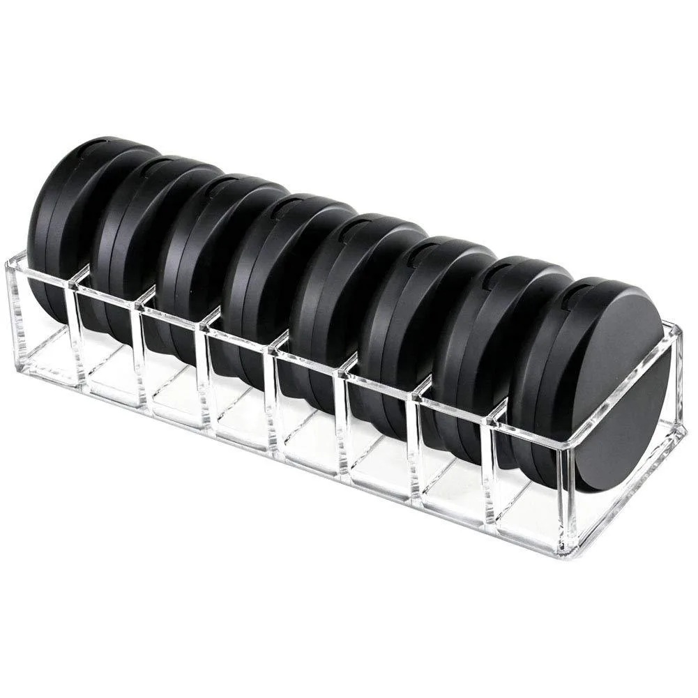 Clear acrylic compact organizer, 11.2 by 3.5 by 2.0 inches, eight compartments