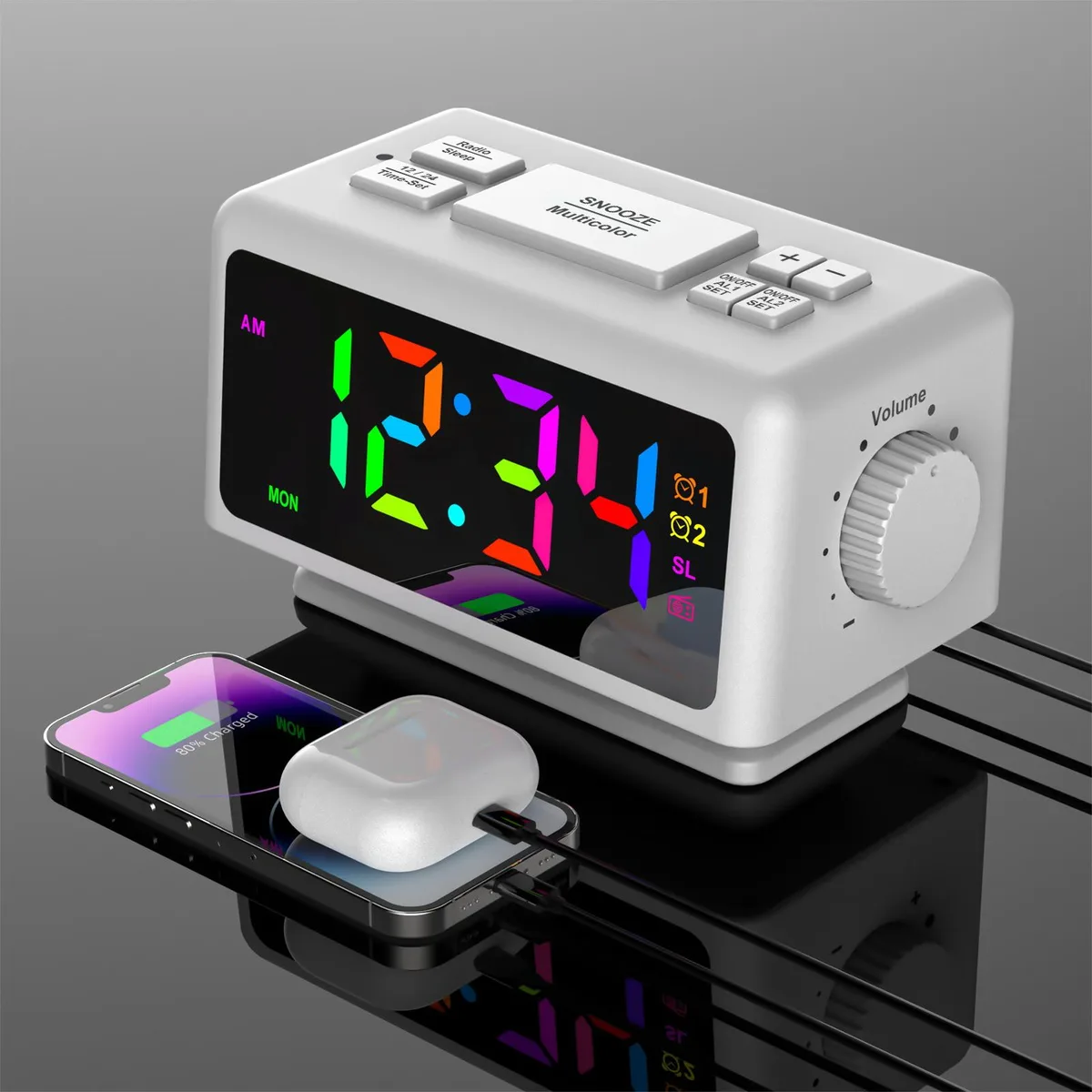 GIOFIMOK GIOFIMOK Digital Alarm Clock White Dual Knobs 11 RGB 7 Colors FM Radio 2 USB 0-100% Dimmer Dual Alarm Snooze — product photo