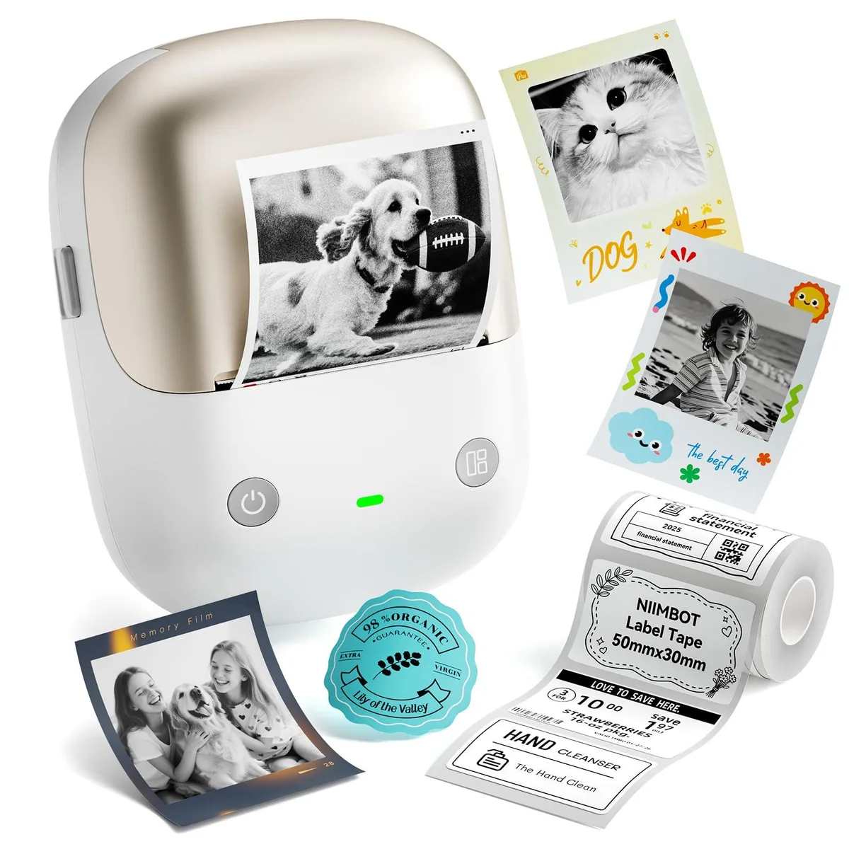 Compact gold label printer with Bluetooth, 300 DPI, 352g