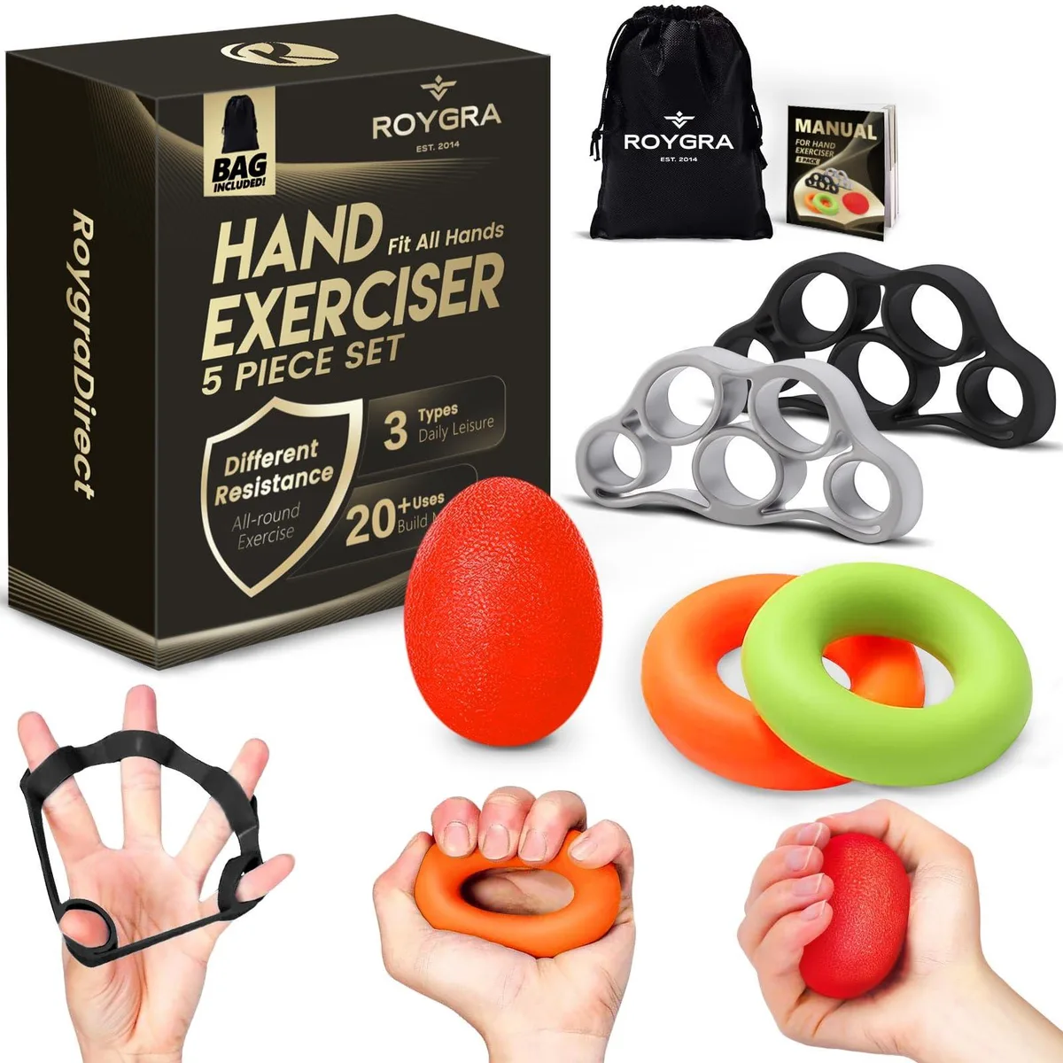 Black silicone grip set: ball, two rings, two finger stretchers in gift box