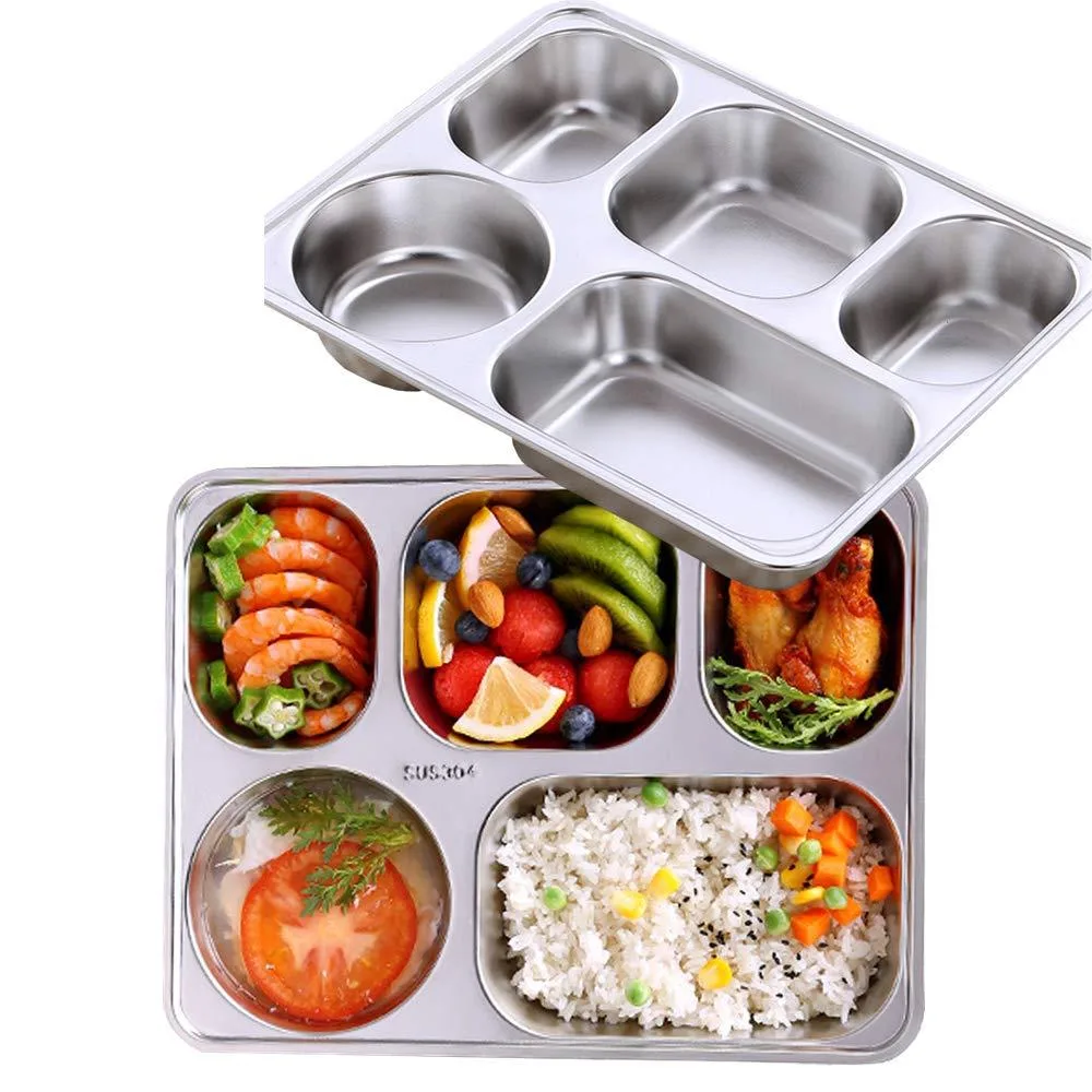White rectangular divided plate with five sections and silver rim, 11.2 by 8.7 by 1.57 inches