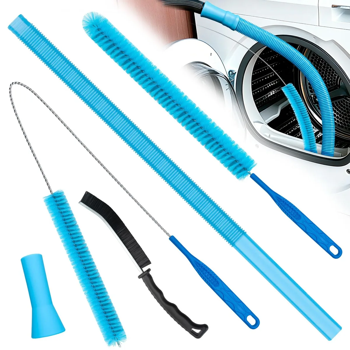Blue four-piece dryer vent cleaning kit with flexible hose, brush and vacuum adapter