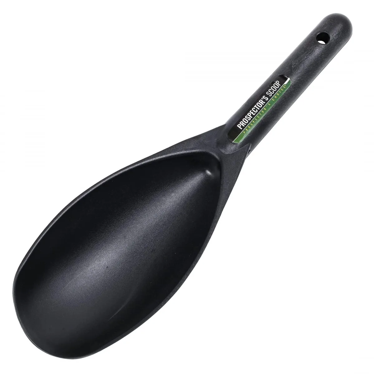 Black plastic prospecting sand scoop 12.5 inches long with lanyard hole