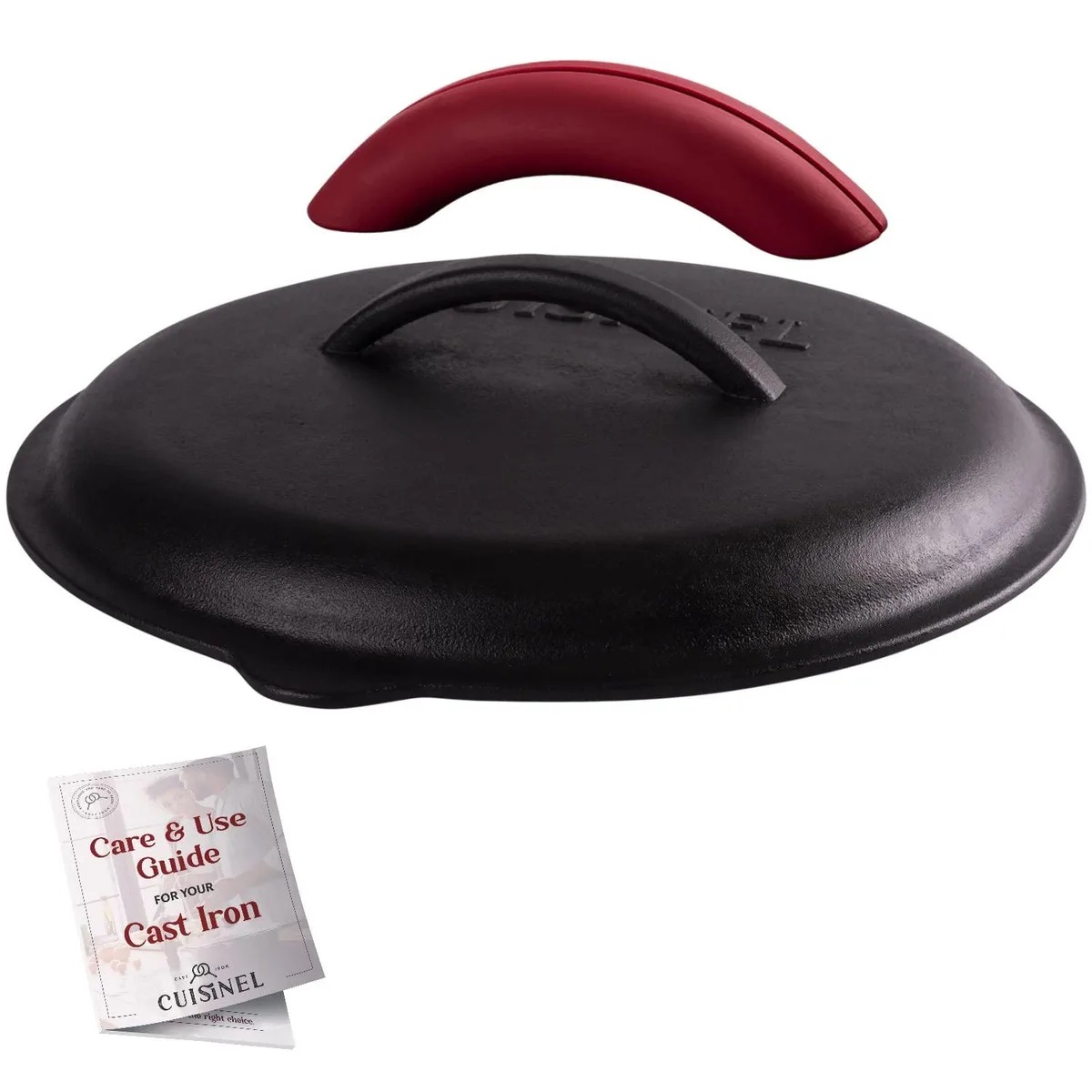 Black cast iron lid with raised drip points and a red silicone handle cover resting on top