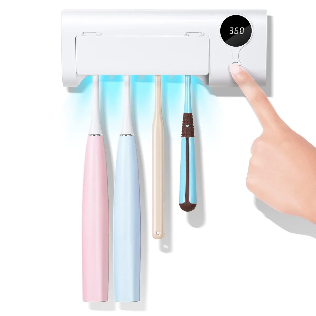 White wall-mounted UV toothbrush holder with four slots and a hinged cover