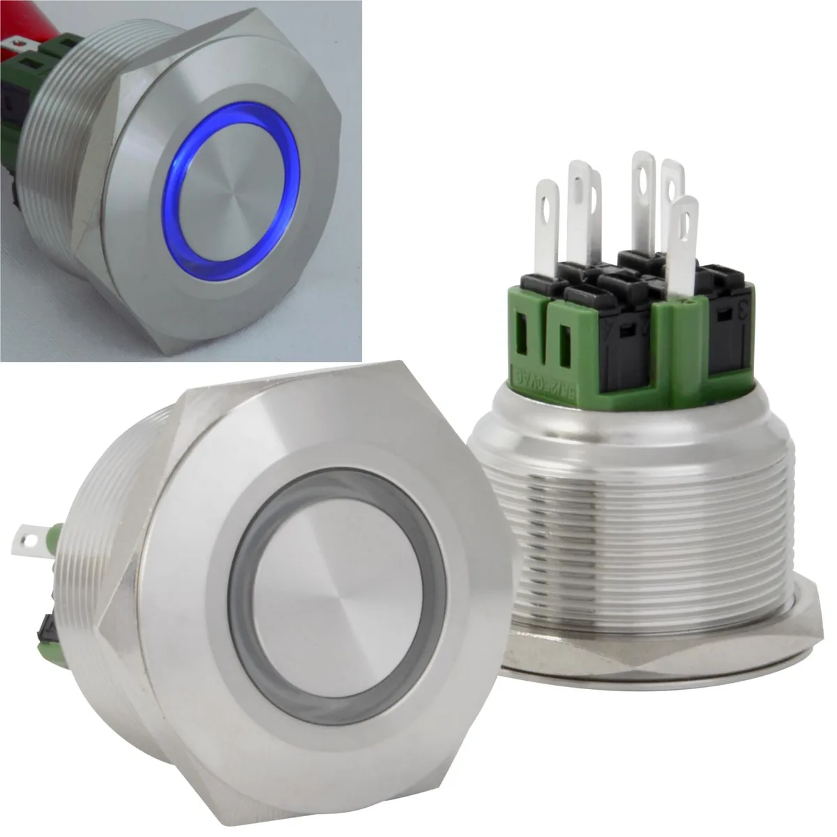 JacobsParts Inc. JacobsParts Inc. LTCH-B8-BLU 30mm Latching Push Button Disconnect 250V 5A IP67 Blue LED Stainless Steel — product photo