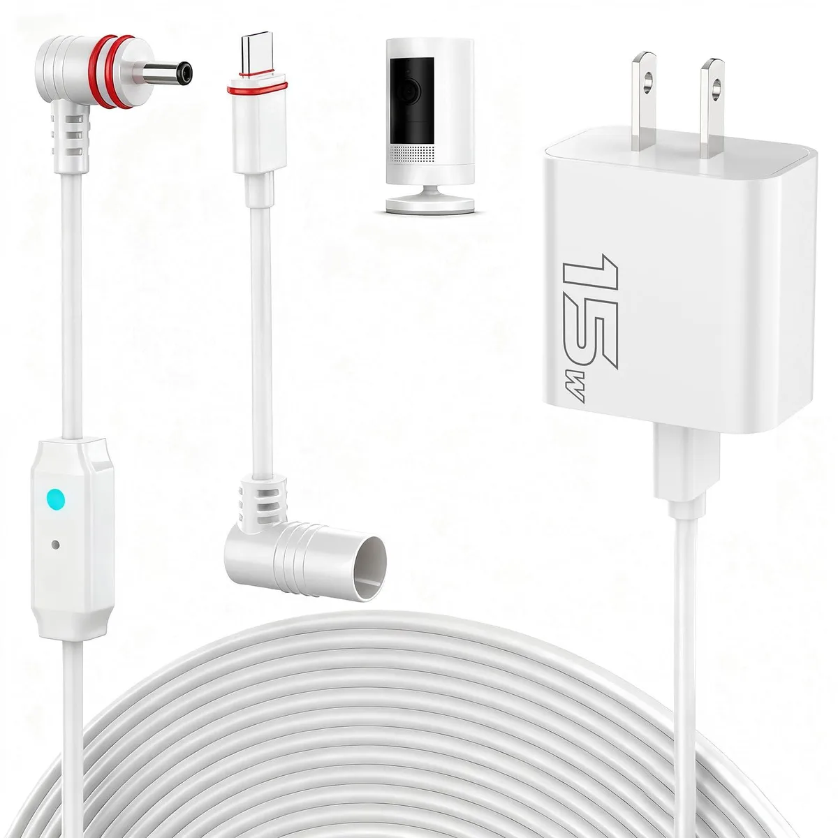 White 25-foot camera charging cable with DC and Type C connectors and blue indicator light