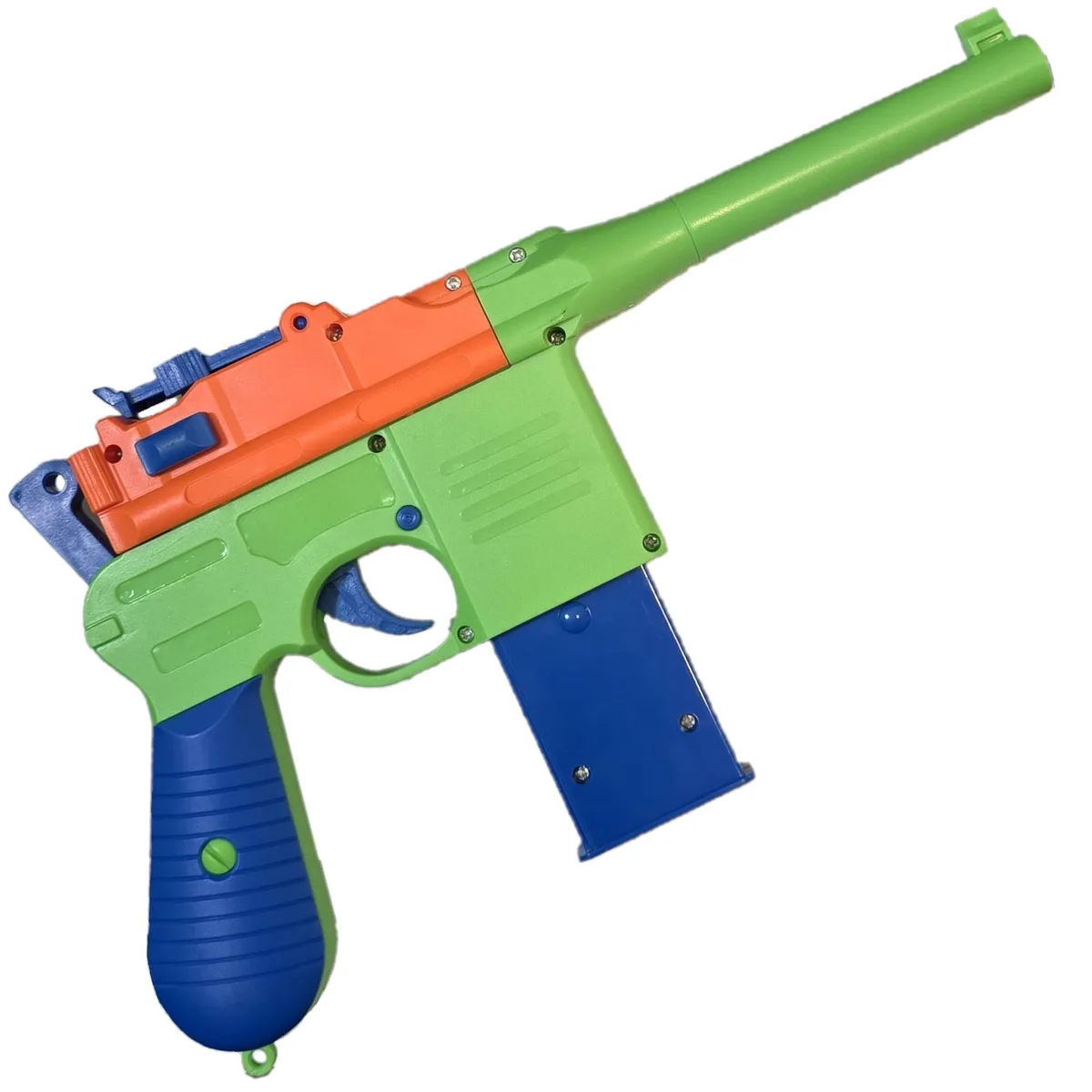 Orange plastic toy pistol with broomhandle grip and removable magazine