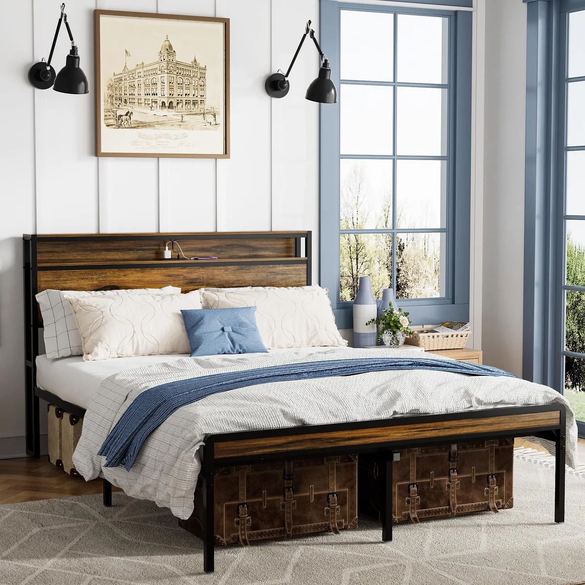 Queen bed frame with LED-lit storage headboard, vintage brown finish, metal accents