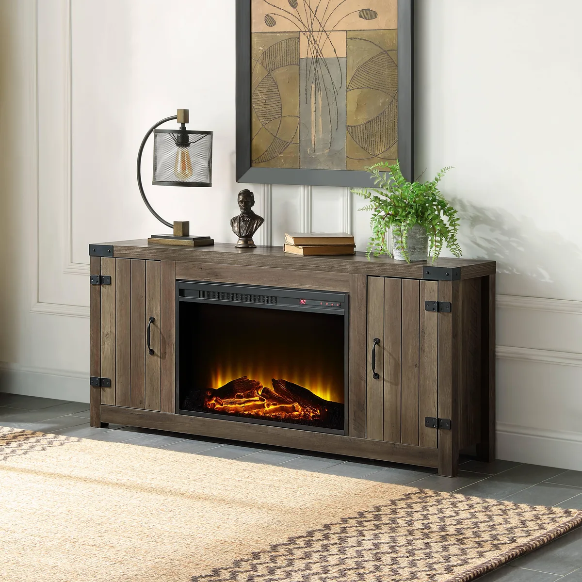 Rectangular rustic oak TV stand with electric fireplace insert and two storage drawers