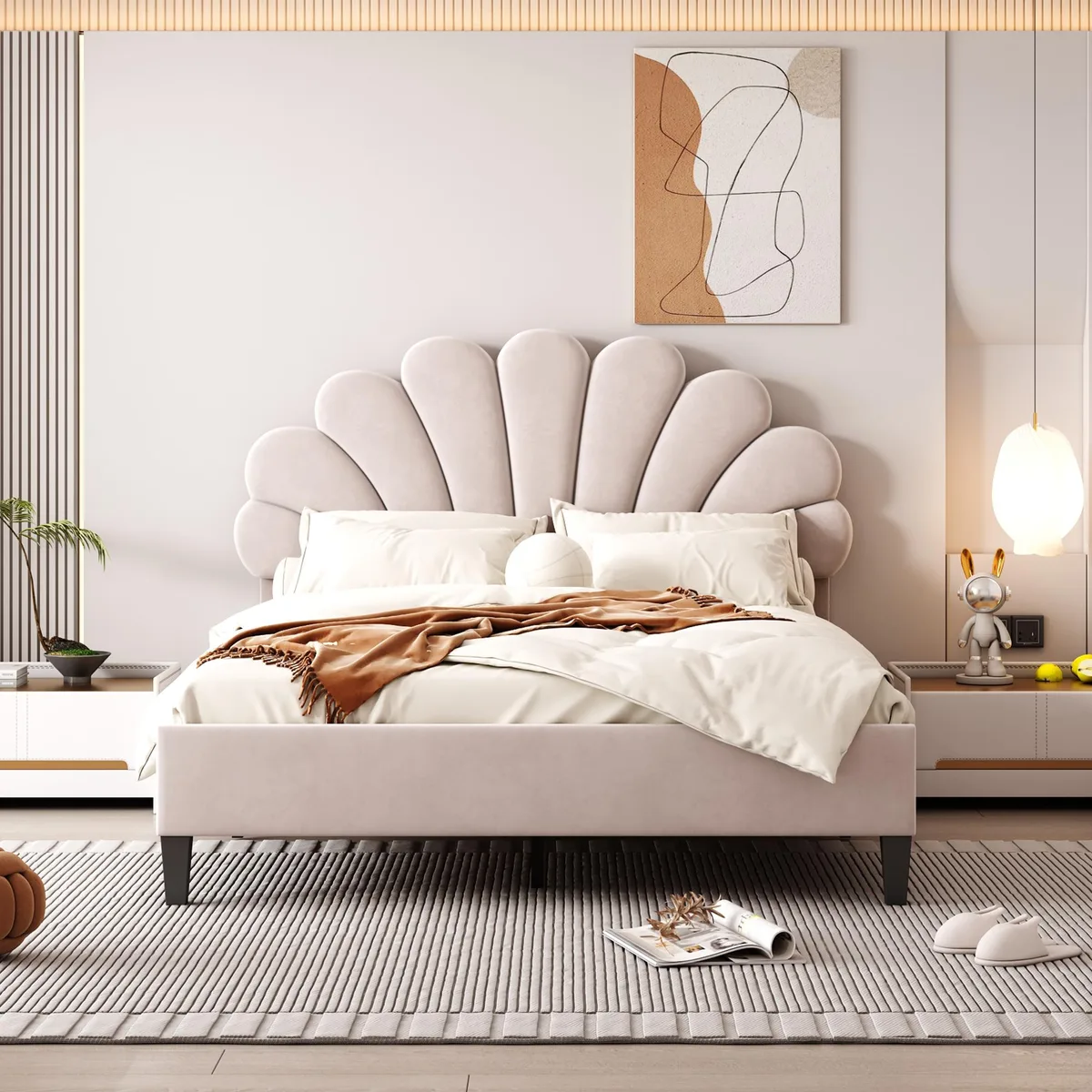 Full-size upholstered platform bed with flower-pattern velvet headboard in beige