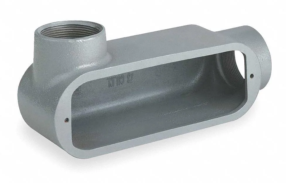 Gray iron LL conduit outlet body, threaded 1 in hubs, powder coated finish