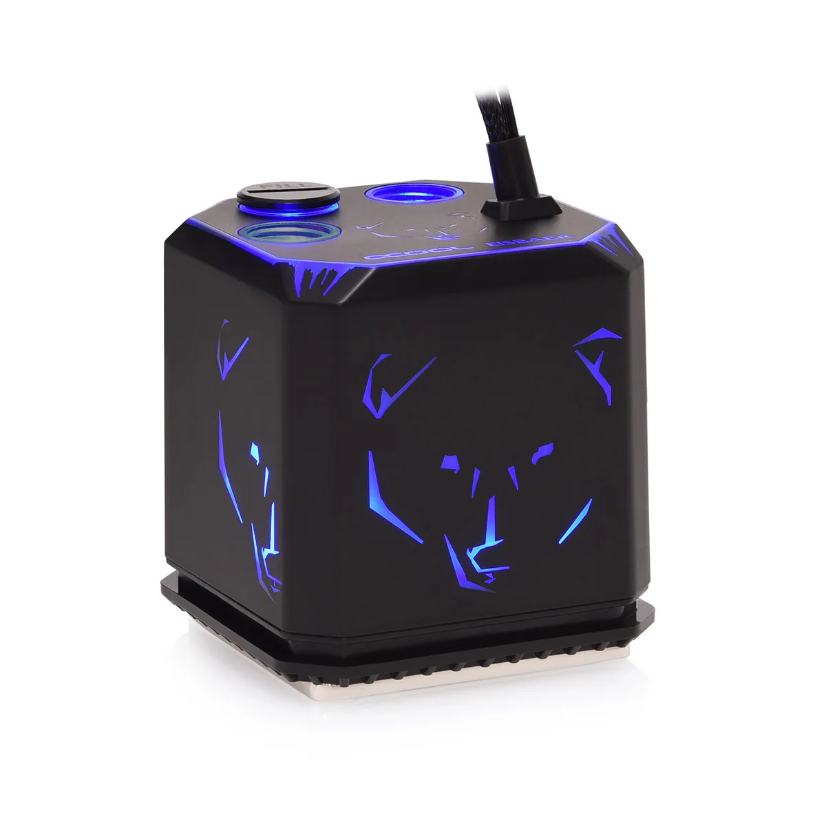 Black square CPU water block with integrated pump and transparent reservoir, digital RGB lighting