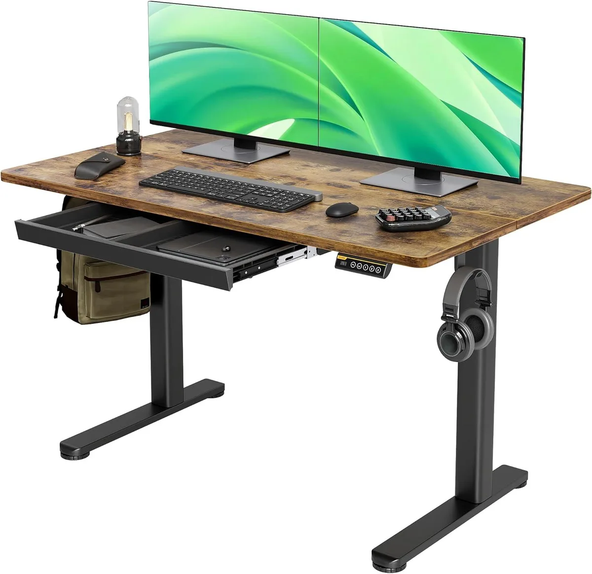 Rustic brown electric standing desk with plastic drawers and metal frame