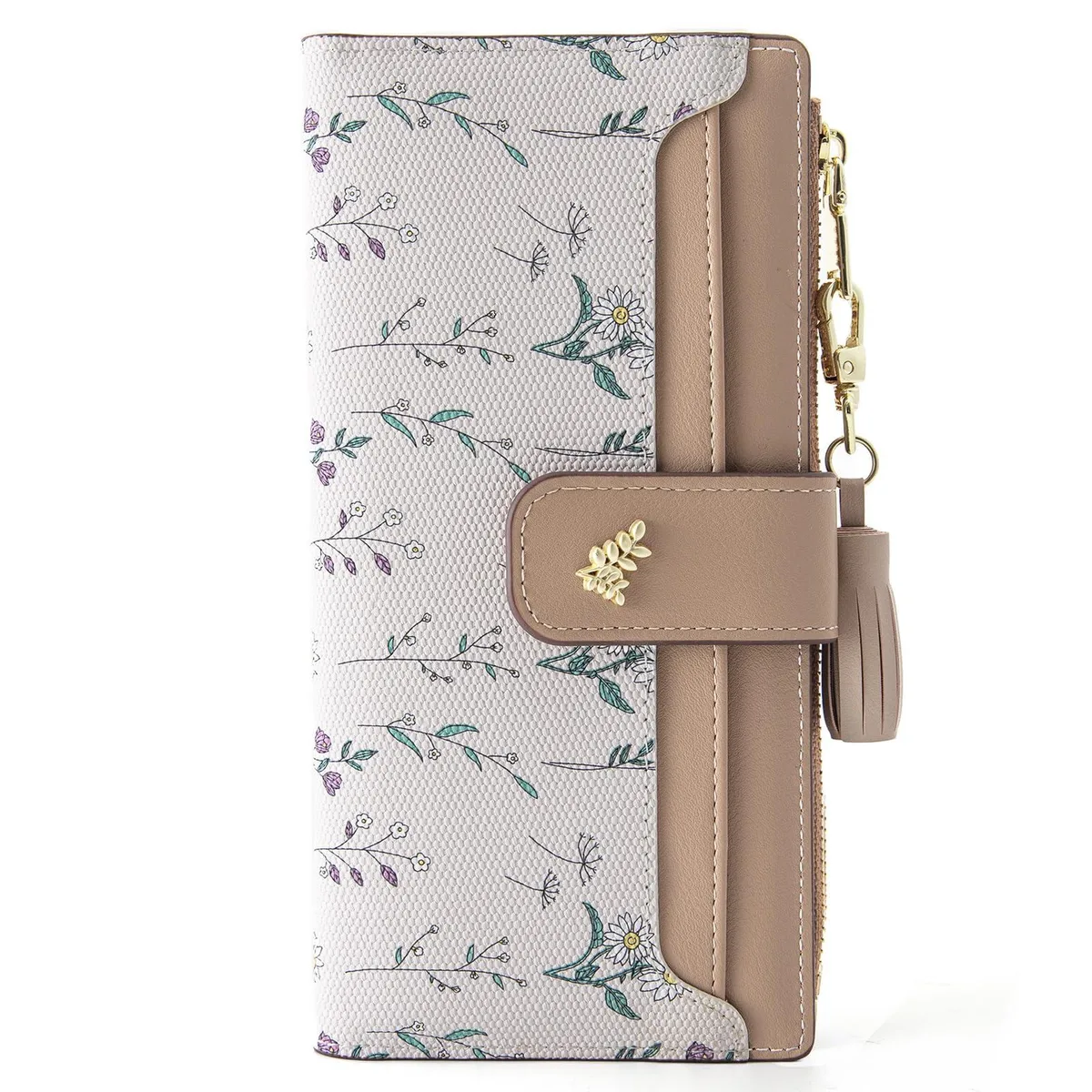 Stylifeo Floral RFID Bifold Wallet PU Leather Khaki 7.0 x 3.5 x 1.0 inches — product photo