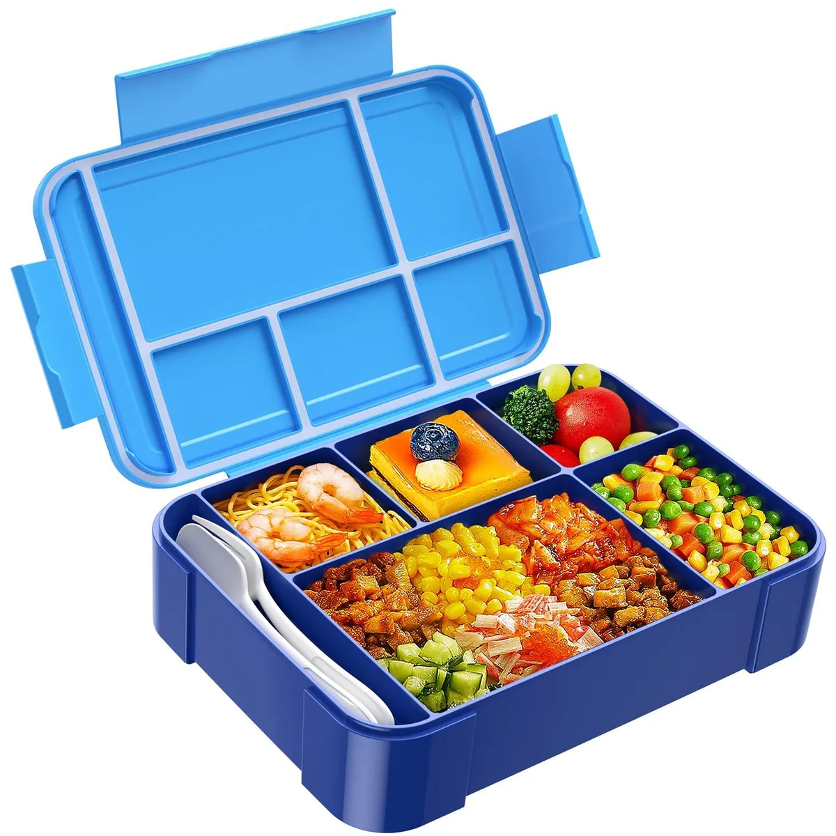 Blue rectangular bento lunch box with six compartments and silverware