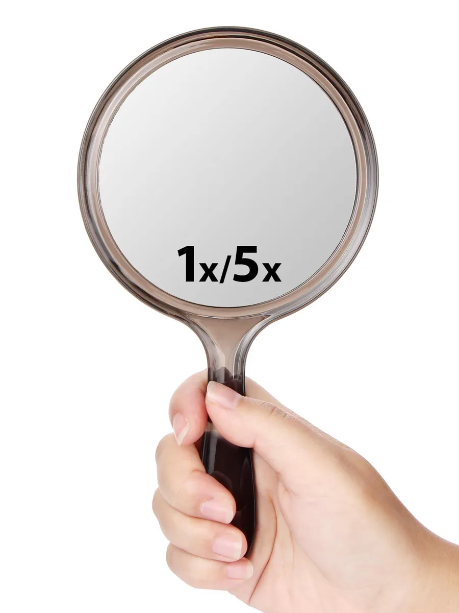 Black ABS round hand mirror, 8.3 by 4.5 inches, dual-sided 1X and 5X magnification
